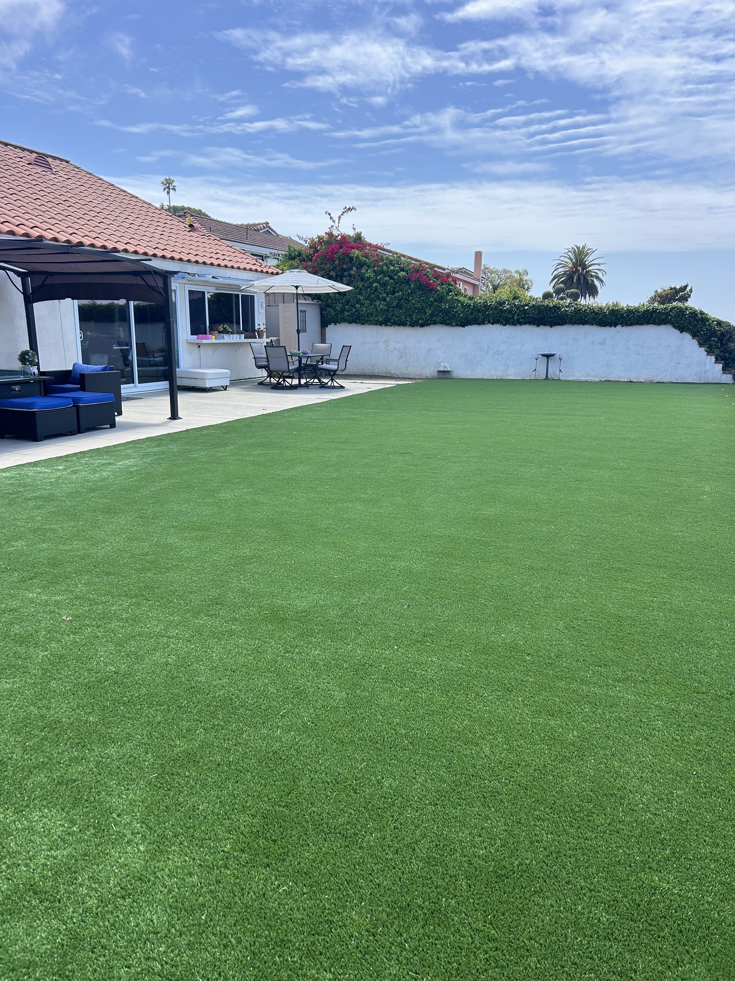 Spacious backyard lawn beside the home's shaded patio